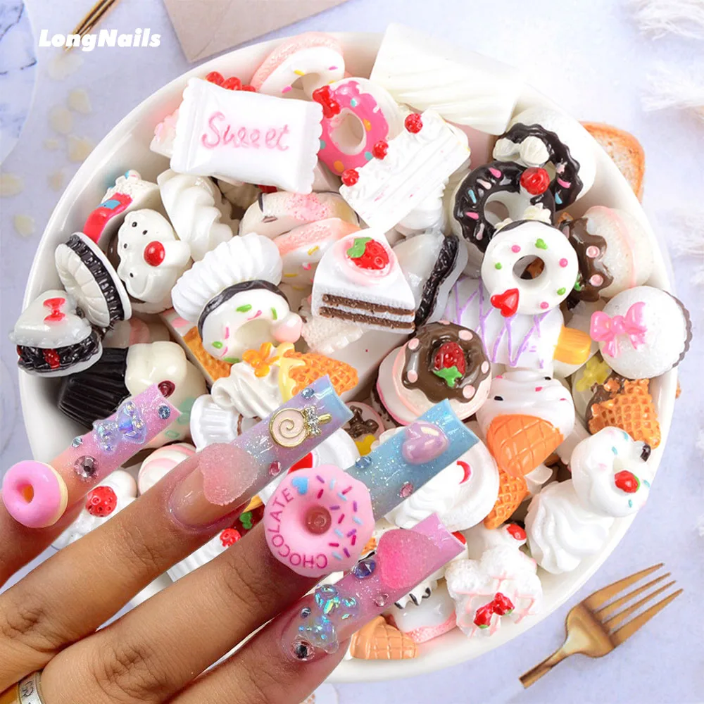 20 Pz Mix Kawaii Dessert Ornamenti Biscotti Torta Resina Per Unghie Abbellire Dolce Lecca Lecca Bonbon Artigianato Nailart Design Caramella Accessorio
