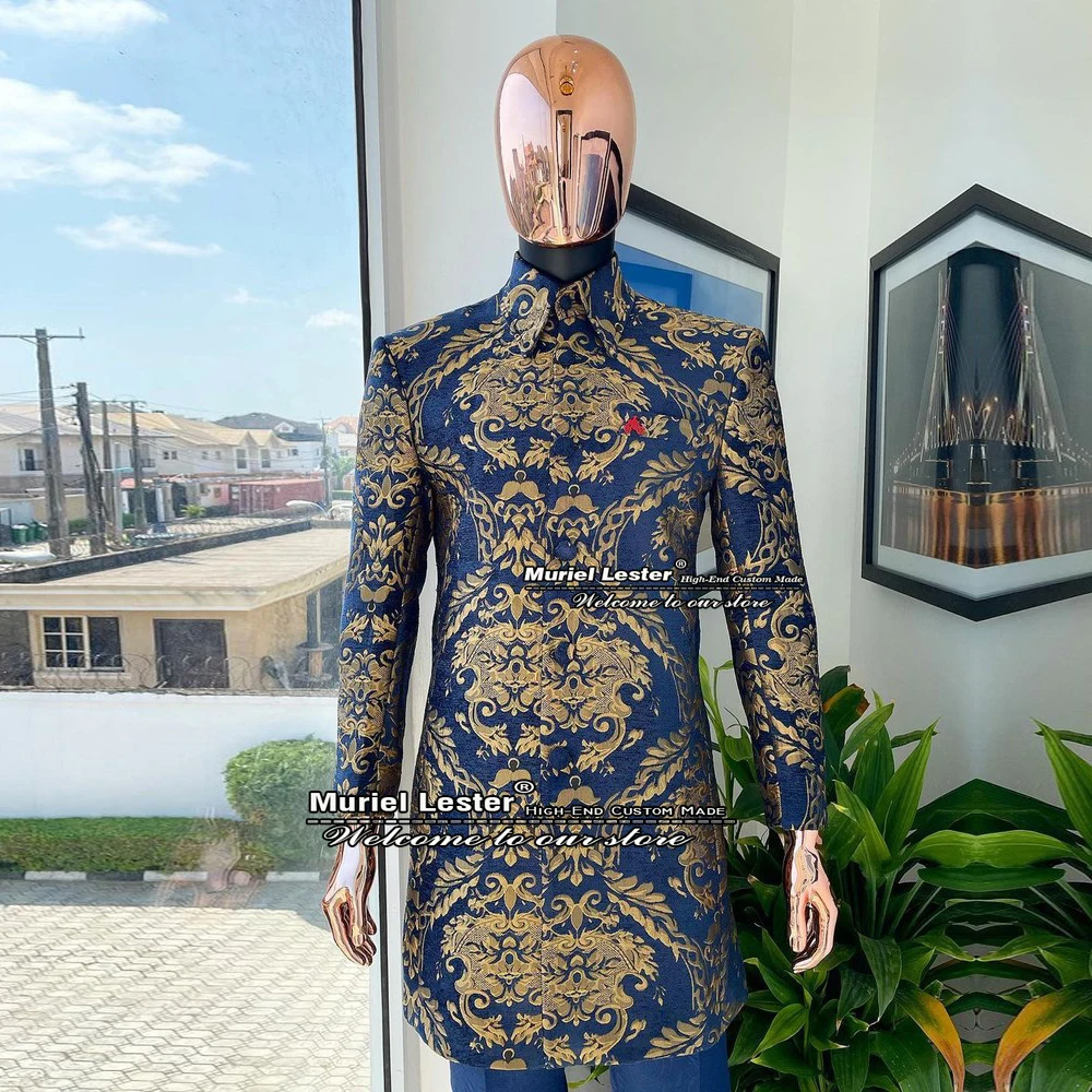 Navy Jacquard Abiti Giacca Slim Fit Scope Smoking Sud Africa Cappotto Lungo Custom Made Smoking Business Outfit Blazer Set Z170