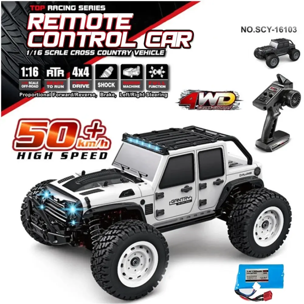 16103 Fast Rc Cars 50 Km/H 1/16 Off Road 4Wd Con Fari A Led, 2.4G Impermeabile Telecomando Monster Truck Per Adulti E Bambini