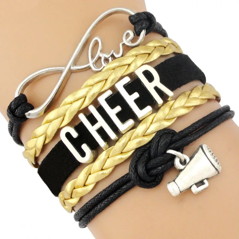 Infinity Megafono Cheer Mom Bracciali Cheerleader Tifo Squad Team Charm Girls Leather Wrap Jewelry