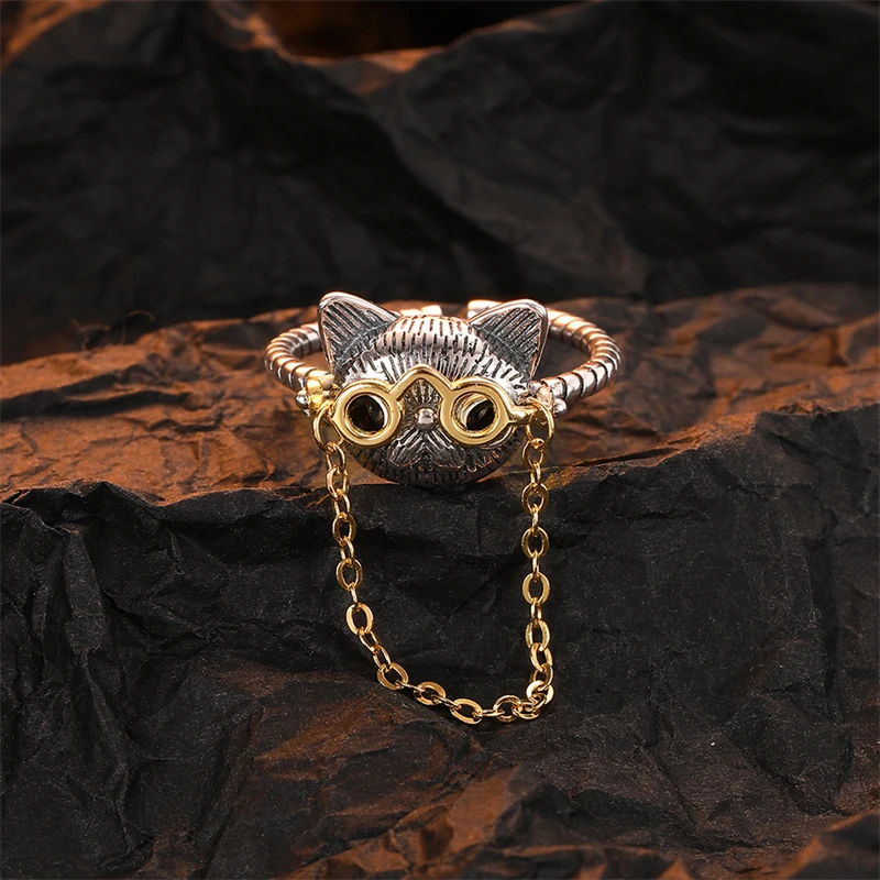 925 Sterling Silver Creative Cat Doctor Ring Active Glasses Chain Ring Apertura Regolabile Per Uomo Donna Vintage Punk Jewelry