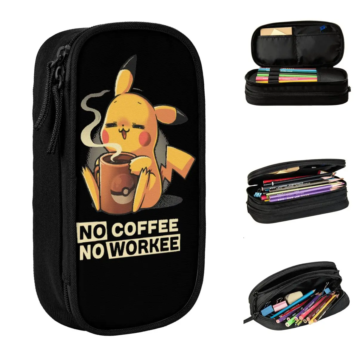 No Coffee No Workee Pencil Cases Lovely Pichu Pika Pokemon Pen Bags Ragazze Ragazzi Materiale Scolastico Di Grande Capacità Pencilcases Cosmetici