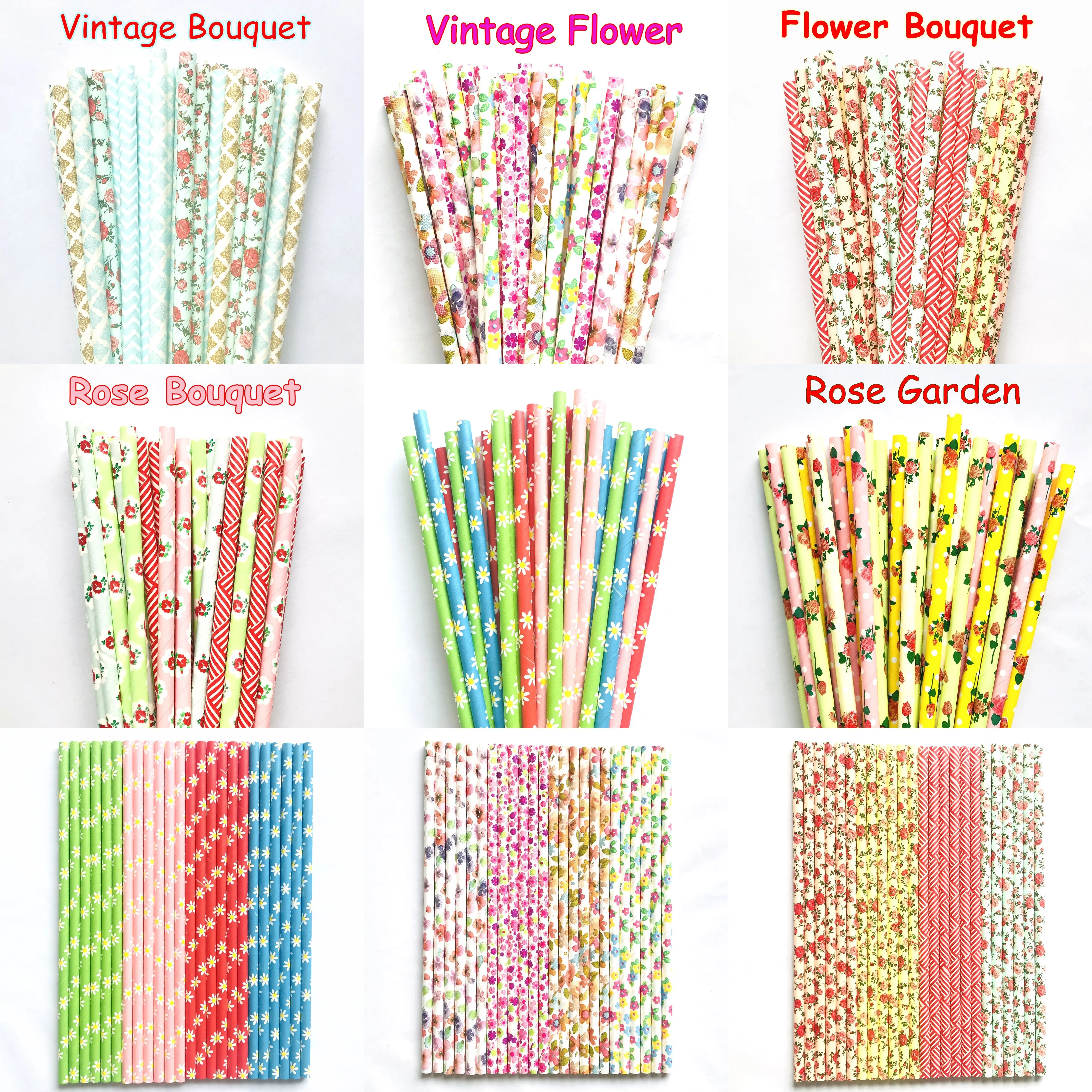 200 Pezzi Di Cannucce Di Carta A Fiori Misti-Colorato Floreale Vintage Tea Party Garden Daisy Rose Wedding Valentine Baby Shower Spring Bulk