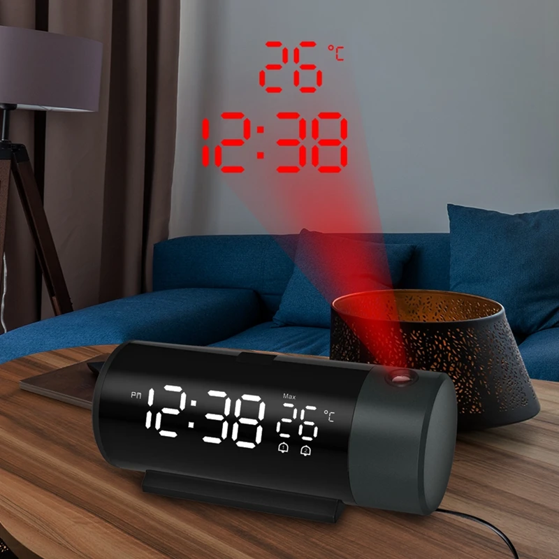 Digital Dual Alarm Clock Led Proiettore Termometro Scrivania Camera Da Letto Comodino 180 ° Rotazione Proiezione Snooze Orologi Carica Del Telefono Us