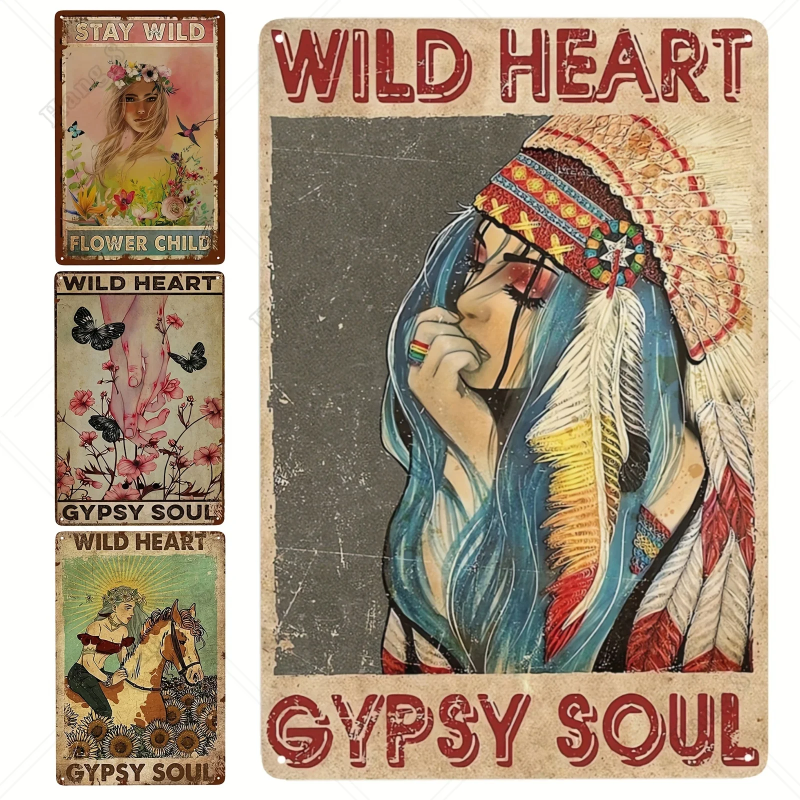 Divertente Metal Tin Sign Wild Heart Gypsy Soul Poster Hippie Poster Nativo Vintage Poster Hippie Wall Art Hippie Girl Poster 12X8 Pollici