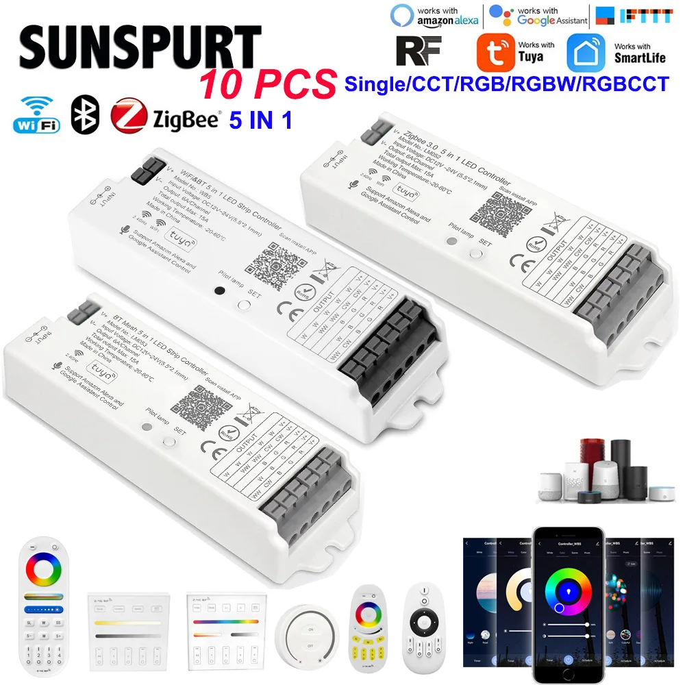 Controller Led 5 In1 Con Wifi Wb5 Zigbee Bt Mesh Rgb Light Dimmer Rgbw Cct Tuya App Controllo Vocale Alexa Google Home Bluetooth Rf