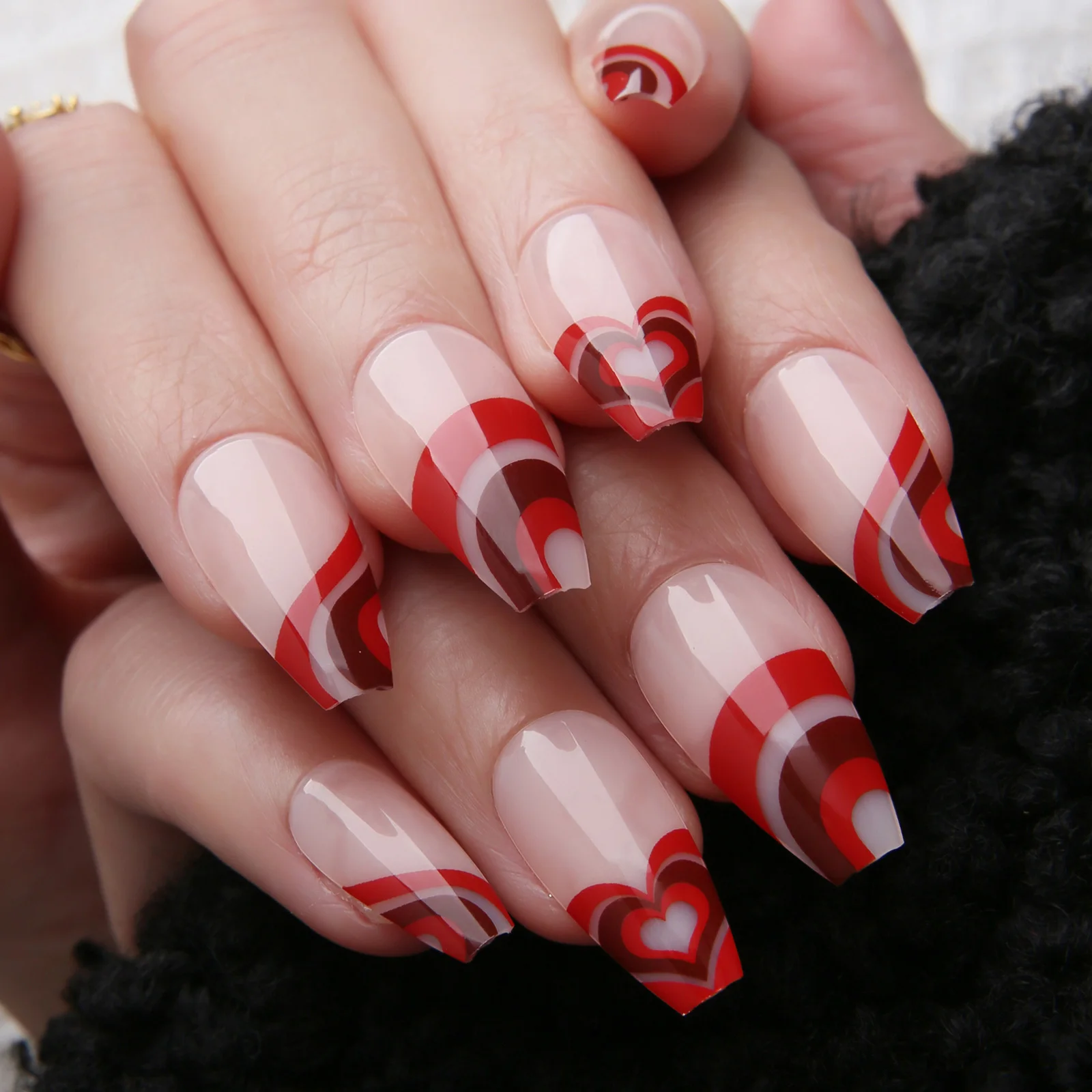 Bara Red Love Swirl French Medium Ballet Press On Nails Riutilizzare Glossy Nude Unghie Finte Gel Vortex Salon Punte Acriliche Per Nail Art