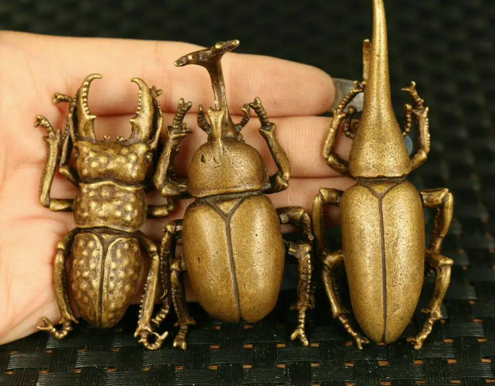 Unico Bronzo 3 A Set Beetle Statue Figure Netsuke Tea Tray Decorare Tea Pet