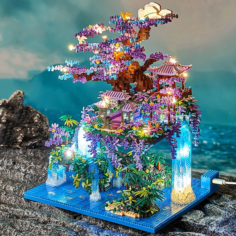 16290 World Architecture Pavilion Tree Island Waterfall Pool Led Light Diy Mini Diamond Blocks Mattoni Building Toy No Box