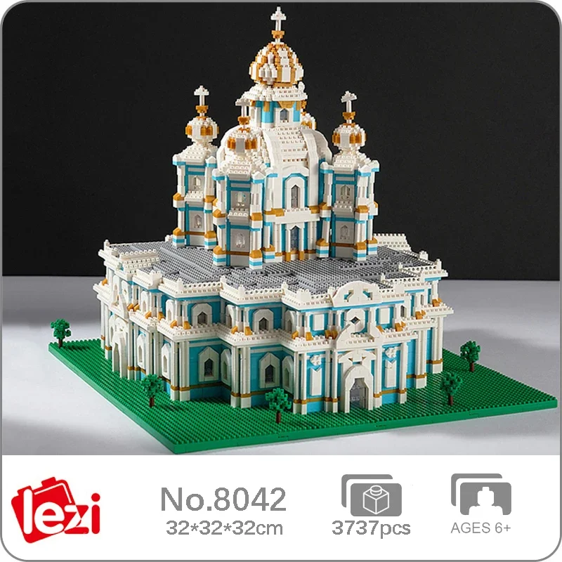 Lezi 8042 World Architecture Smolny Radiator Cathedral Church Model Mini Diamond Blocks Bricks Building Toy For Children No Box