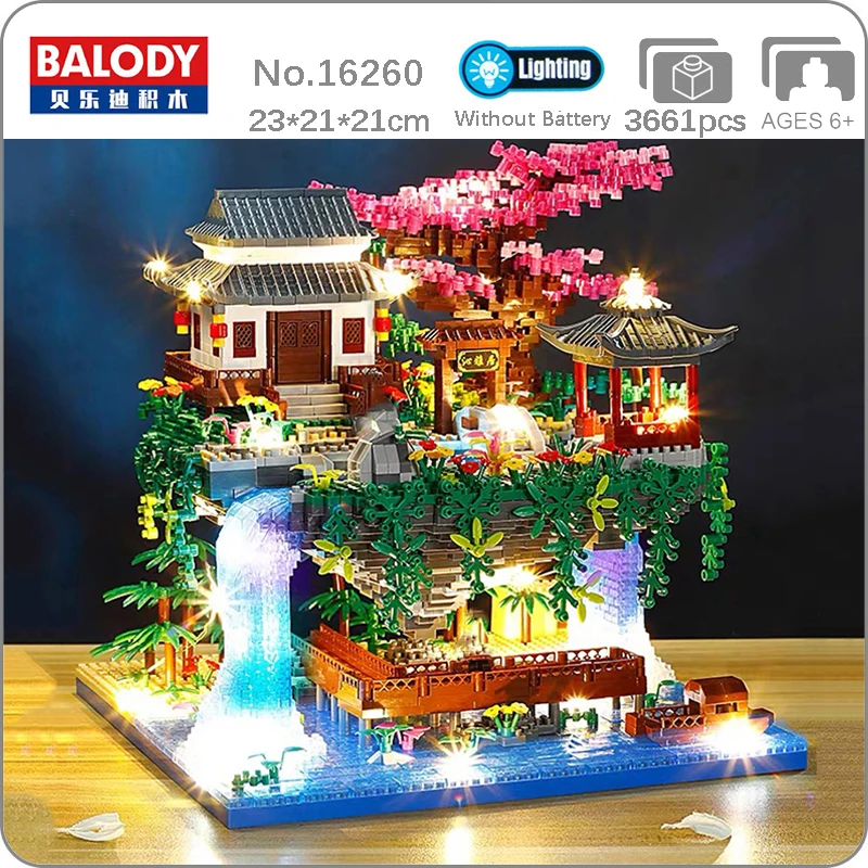 Balody 16260 World Architecture Temple Pavilion Island Waterfall Pool Led Light Mini Diamond Blocks Mattoni Building Toy No Box