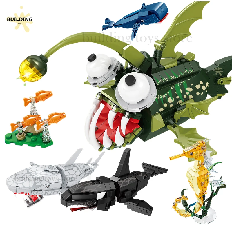 Creative Sea World Animal Anglerfish Clownfish Whale Orca Seahorse Shark Model Building Blocks Set Giocattoli Educativi Per Bambini Gif