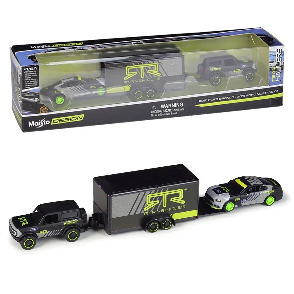 Maisto 1:64 2021 Ford Bronco/2015 Ford Mustang Gt Trailer Transport Trailer Set Lega Diecast Car Model Toy Gifts