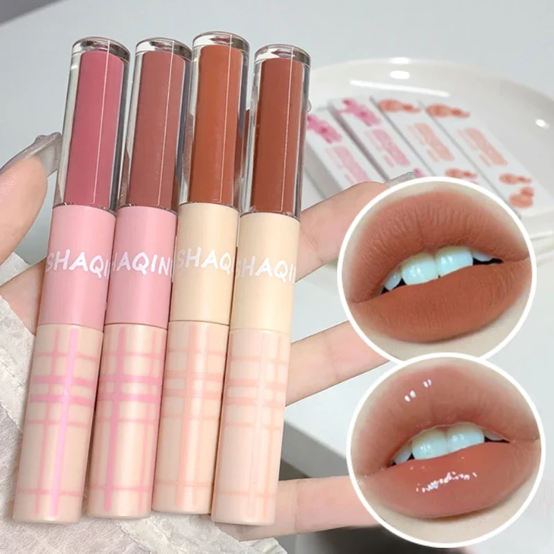 Matte Mirror Liquid Lipstick 2 In 1 Waterproof Lasting Glass Lip Gloss Set Makeup Double-Head Lip Glaze Water Lip Mud Cosmetics