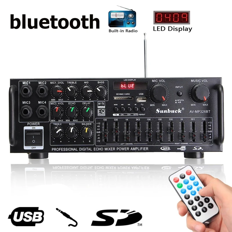 Amplificatore Di Potenza Audio 2000W Bluetooth Hifi Amp Altoparlante 12V Av Amp Altoparlante Telecomando Per Auto Home Square Dancing 2.0 Canali