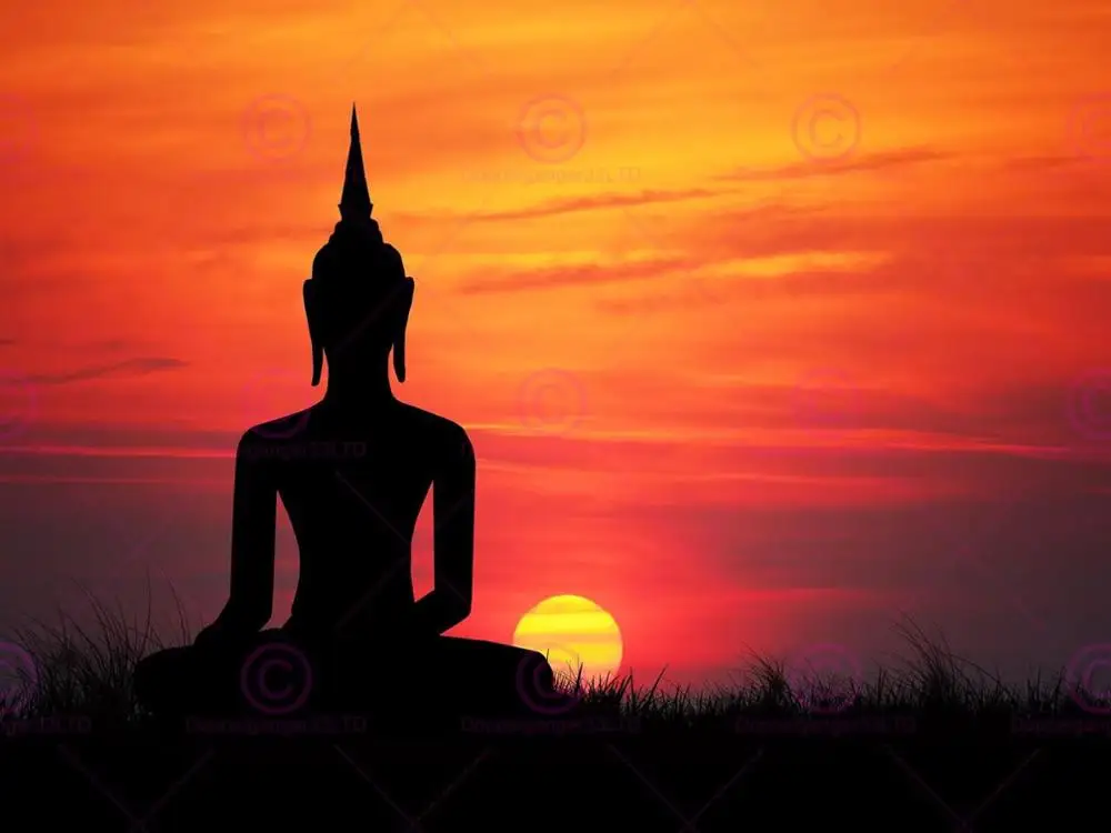 Illustrazione Della Pittura Buddha Silhouette Sunset Sky Art Print Silk Poster Home Wall Decor