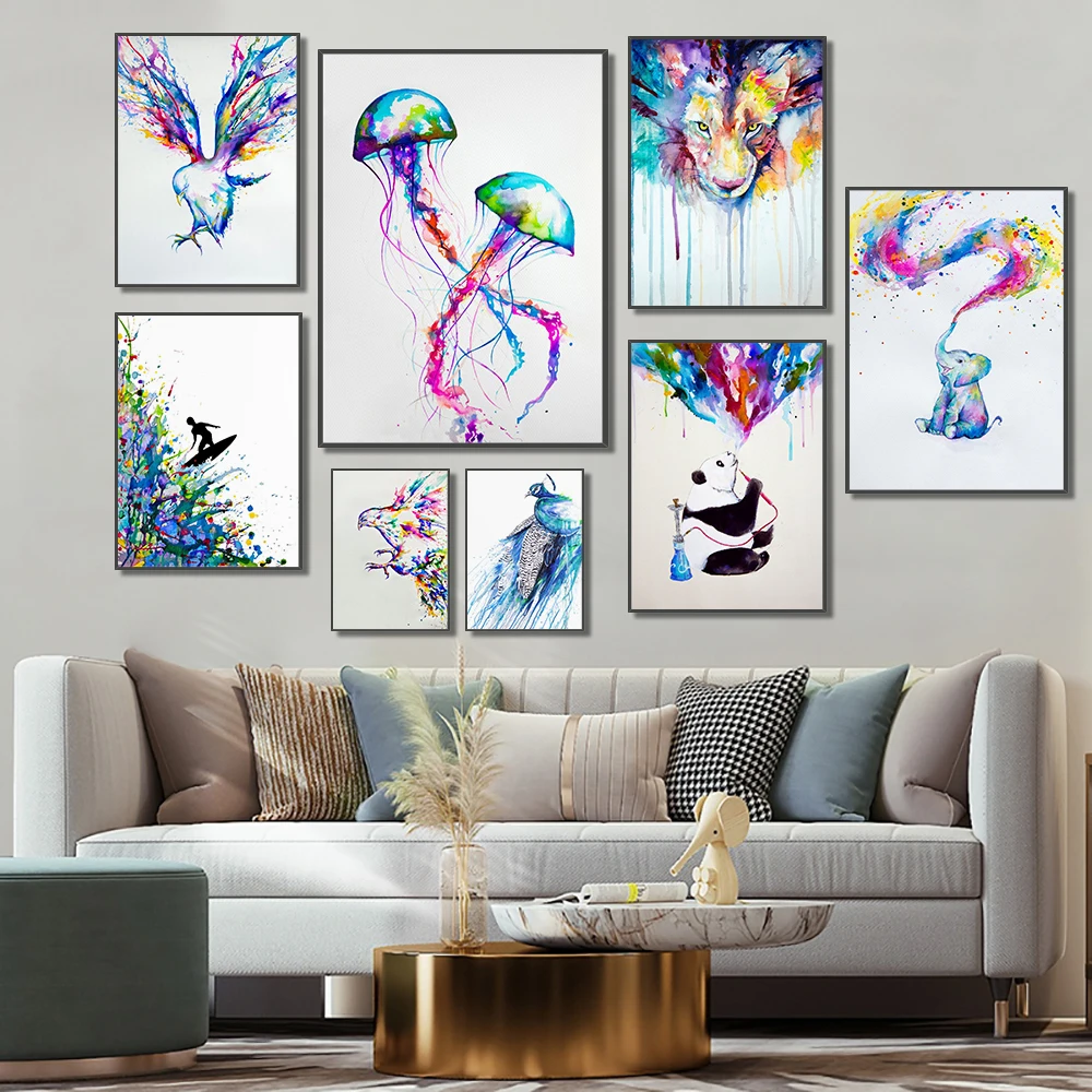 Acquerello E Animale Leone Pavone Aquila Elefante Wall Art Canvas Poster Stampa Immagine Casa Soggiorno Decorazione Pittura P