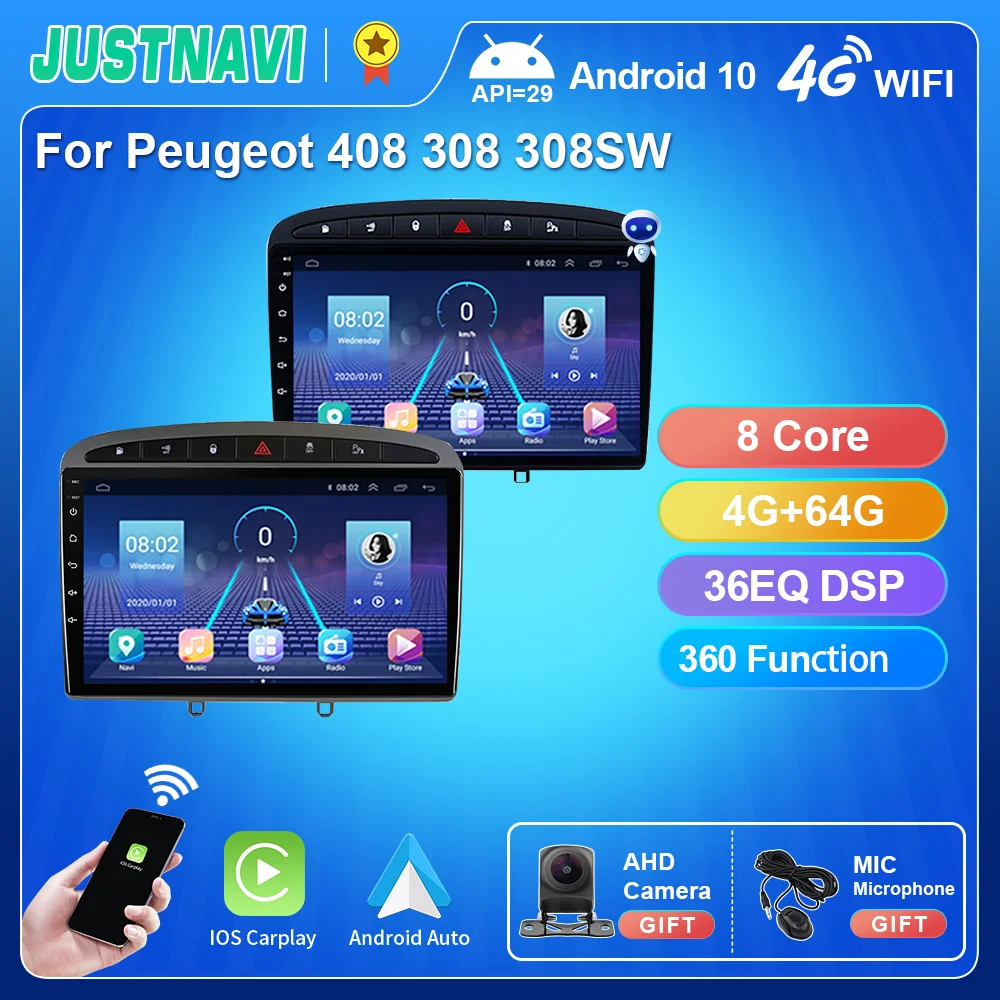 Autoradio Justnavi Per Peugeot 408 Per Peugeot 308 308Sw 2010 - 2016 Android 10.0 Lettore Video Multimediale Navigazione Gps Stereo