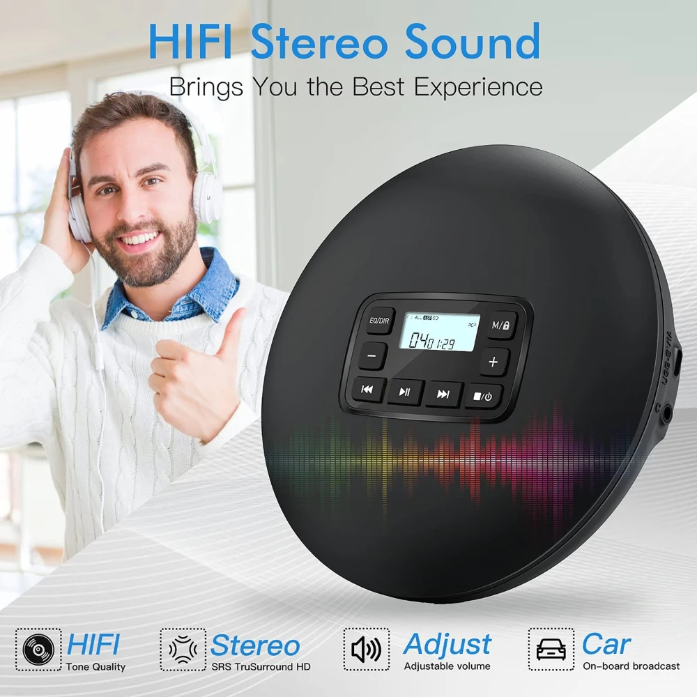 Cd Walkman Lettore Cd Portatile Cuffie Hifi Music Reproductor Discman Player Versione Usb E Batteria Schermo Lcd Con Cavo Aux Nuovo