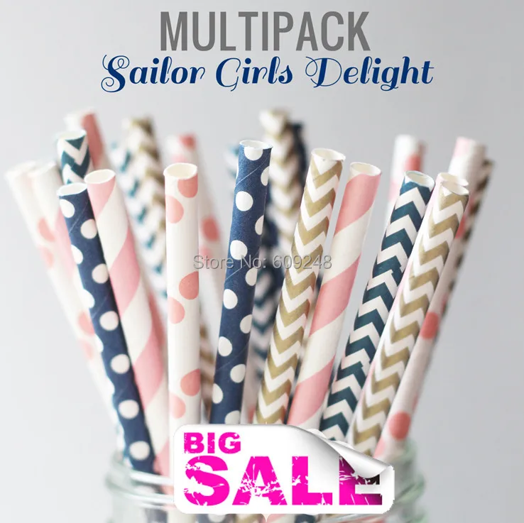 125 Pezzi Colori Misti Sailor Girls Deligh Cannucce Di Carta, Baby Pink Stripe E Polka Dot, Gold And Navy Chevron, Swiss Dot
