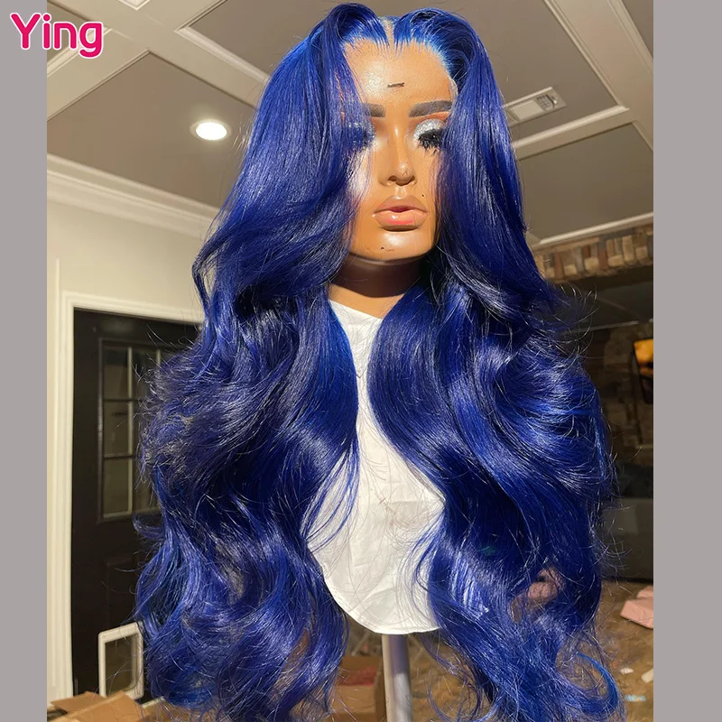 Ying Hair Navy Blue Colored Peruvian Hair 13X6 Parrucca Anteriore In Pizzo Trasparente Prepizzicata 200% Densità Body Wave 13X4 Wear Go Wig