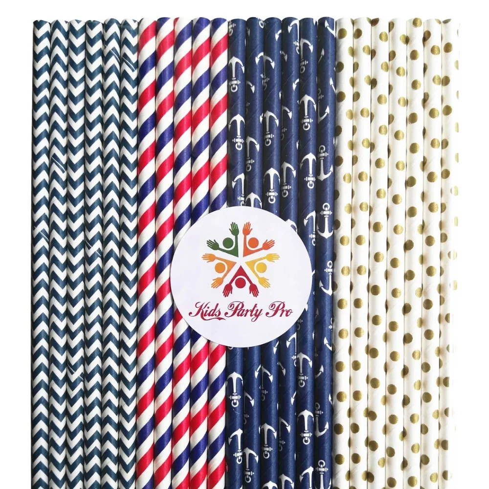 200 Pezzi Misti 4 Disegni Cannucce Di Carta A Tema Oro Rosso Navy-A Righe, Chevron, Punto Svizzero, Ancoraggio Nautico Festa Di Compleanno Matrimonio 