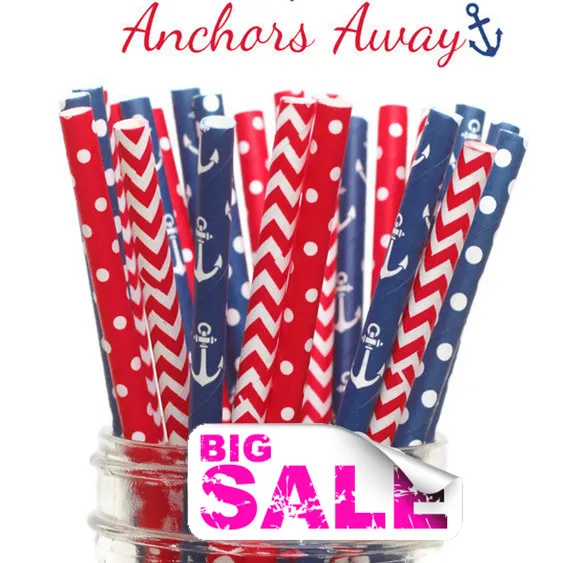100 Pezzi Mix Colors Ancore Away Party Paper Cannucce, Red Chevron E Swiss Dot,Navy Anchor And Dot, Nautica, Partiotica, Mare, Compleanno