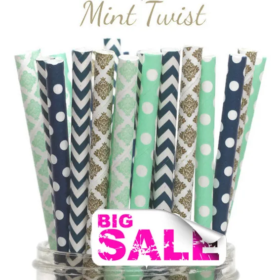 125 Pezzi Mix Colors Menta Twist Party Cannucce Di Carta, Oro, Damasco Alla Menta, Menta, Punto Svizzero Della Marina, Chevron Della Marina, Matrimoni
