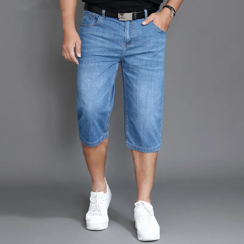 Jeans Di Estate Shorts Mens Denim Elastico Teso Sottile Breve Jean Di Grandi Dimensioni Più Luce Blu 42 44 46 48 Maschile Di Vitello Pantaloni Di Lung