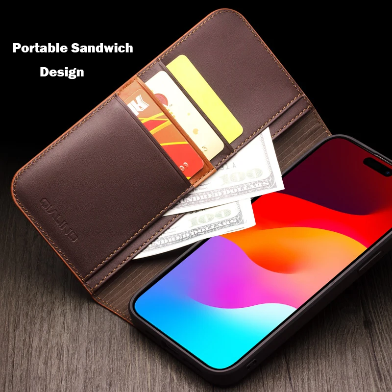 Qialino Custodia Sottile Di Lusso Fatta A Mano Per Iphone 15 14/13 Pro Max Portafoglio In Vera Pelle Con Slot Per Schede Flip Cover Per Iphone 13/14 P