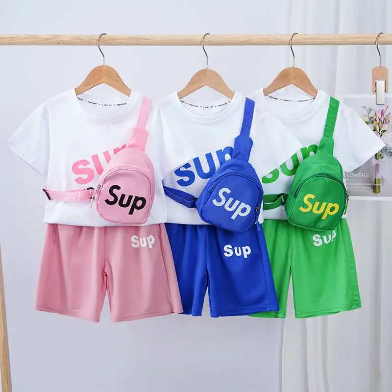 Boys Summer Suit 2022 Children'S Clothing 2Pcs Sets+ Bag Fashion Letter Printing Sports Wear Kids Outfits For 3-12Years