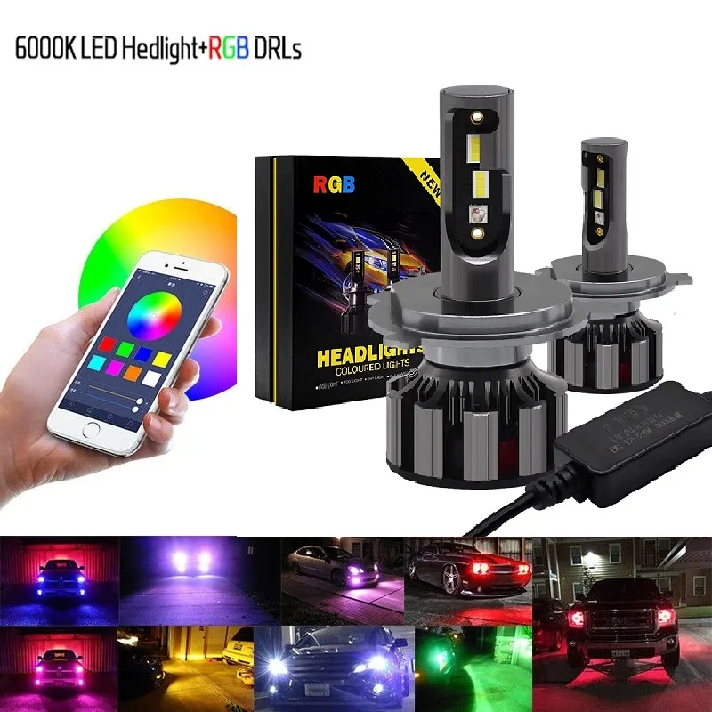 Coppia H7 Rgb Led Headlight H1 App Controllo Compatibile Bluetooth D1S H4 H8 H11 Lampadine Led Multicolori 9005 9006 Per Camry Ford Bmw