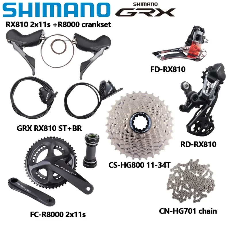 Shimano Grx 2X11S Rx810 Gruppo Bici Da Strada R8000 Guarnitura 170Mm Rx810 Cambio Fd Rd Cs-Hg800 Cassetta Per Bicicletta Da Strada 2X11V Kit