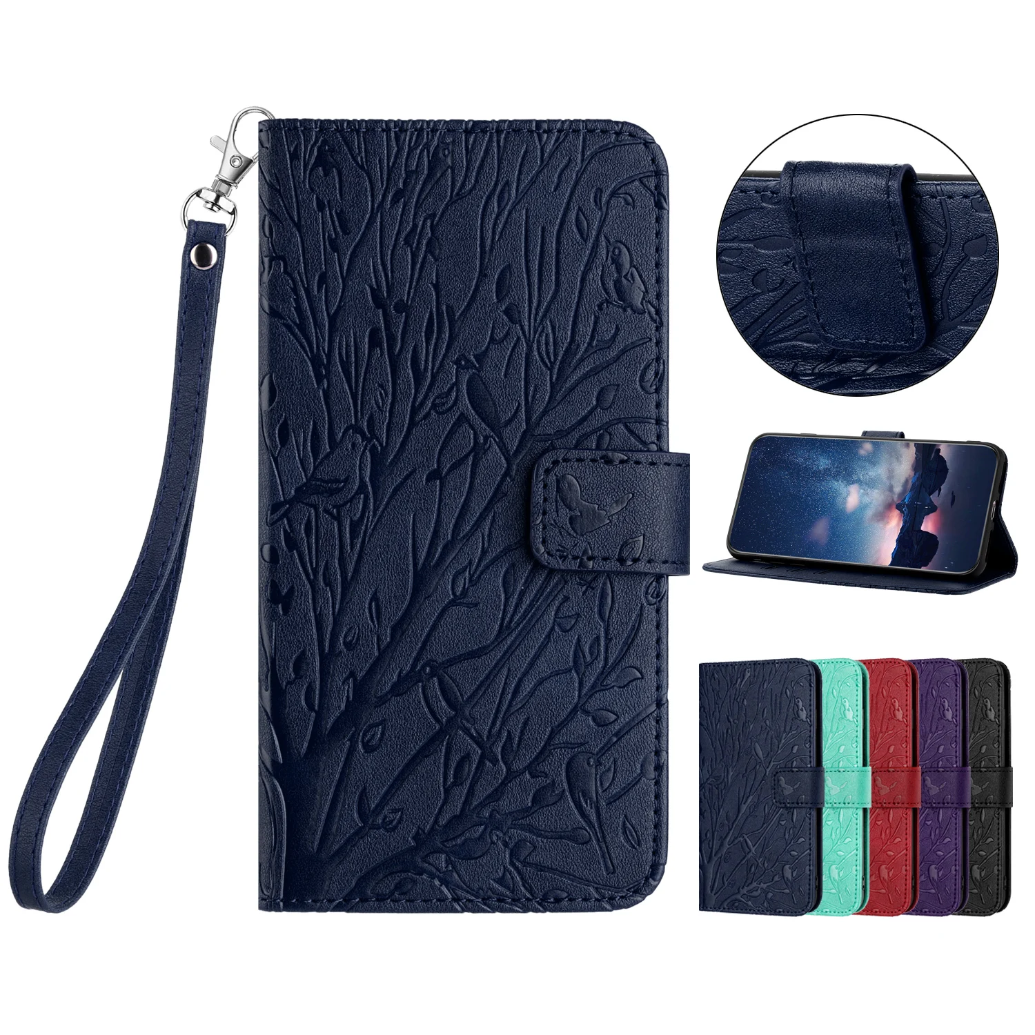 Emboss Tree Birds Flip Wallet Card Solt Wallet Case Per Oppo A57 A58 A93 Reno 8 9 10 Pro Plus Realme 11 9I Hand Strap Book Cover