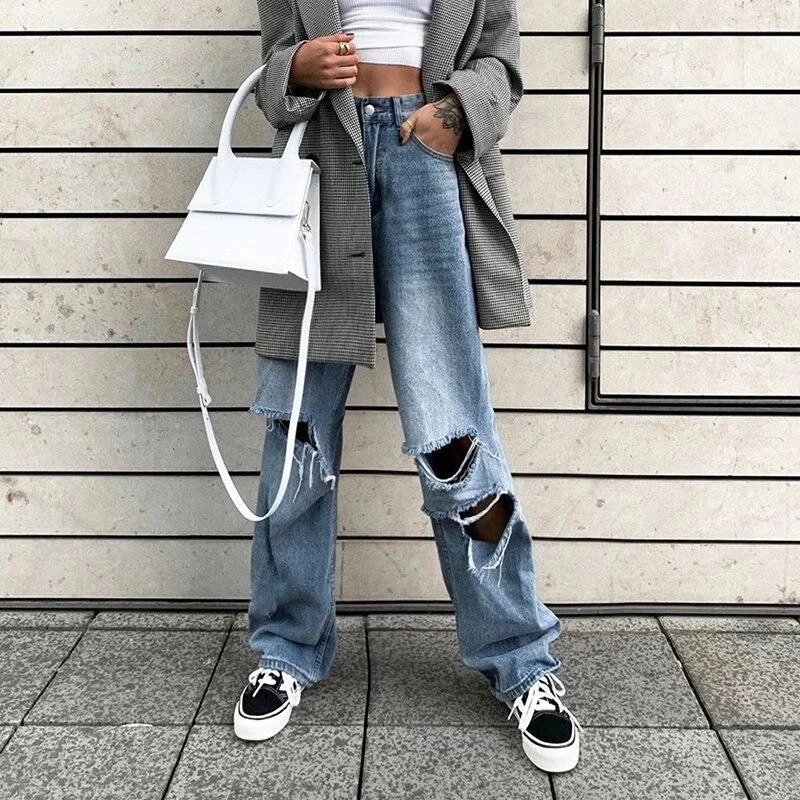 Simpatici Jeans Strappati Femminili Pop, Pantaloni Larghi A Vita Alta Pantaloni Larghi Pantaloni Dritti Per L'Estate Autunno Vogue, S/M/L