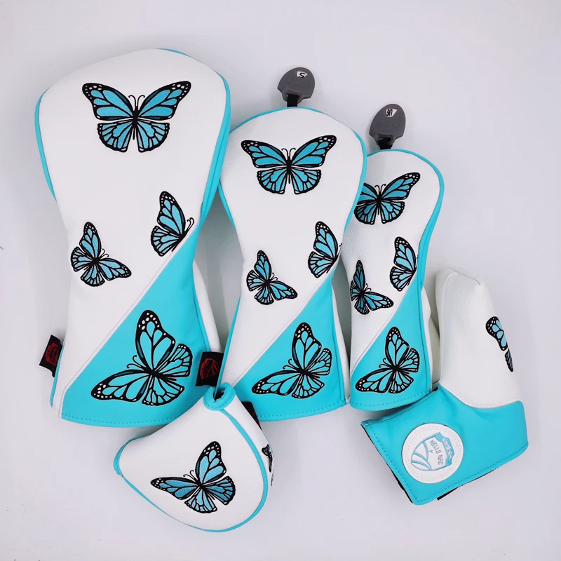 Fodere Per La Testa Della Mazza Da Golf A Farfalla Bianco Blu Pu Leather Golf Driver Fairway Woods Hybrid Putter Covers Drop Shipping