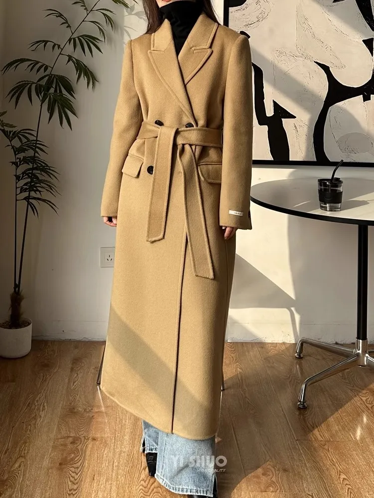 Autunno/Inverno New Maillard Camel Shoulder Double Sided Wool Cashmere Coat Cappotto Lungo In Lana Con Lacci
