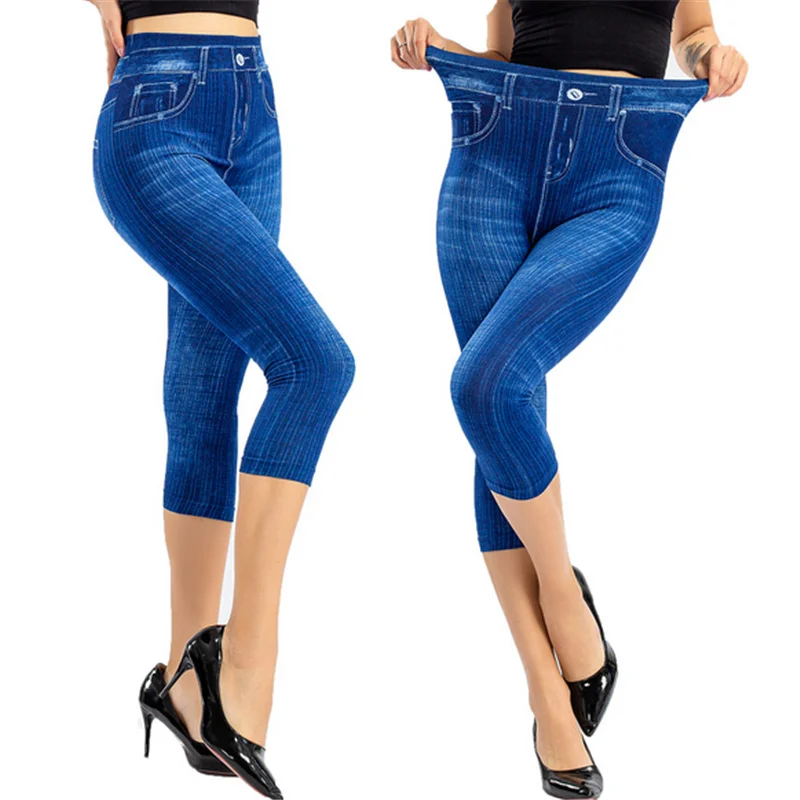 Leggings Con Stampa Denim Da Donna Leggings Slim Alla Moda Leggings In Jeans Finti Pantaloni Corti/Lunghi Stampati Elasticizzati Pantaloni Estivi