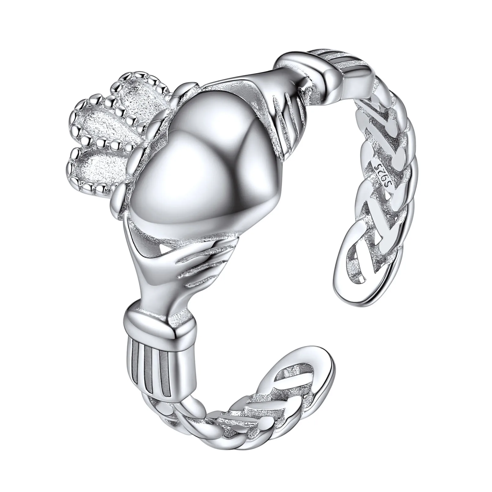 Chainspro Irlandese Claddagh Argento Sterling 925 Lucido Tradizionale Claddagh Celtic Knot Eternity Wedding Ring Regolabile
