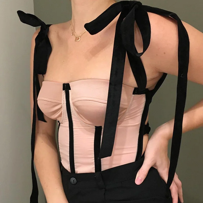 Women Contrasting Sexy Off Shoulder Strap Soild Color Halter Slim Vest Tops Woman Fashion White Black Sleevess Bandage T-Shirts