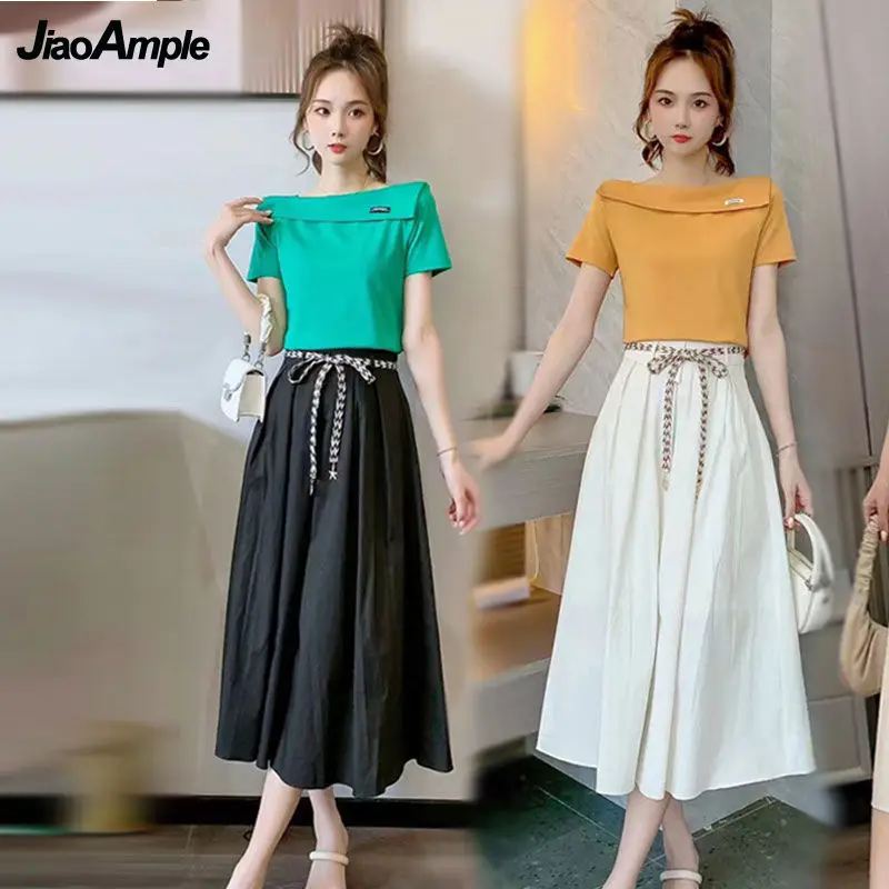 2022 Summer New Women'S Fashion T Shirt Skirts Two Piece Dress Set Korean Lady Off-Shoulder Yellow Top Waistband White Skirt