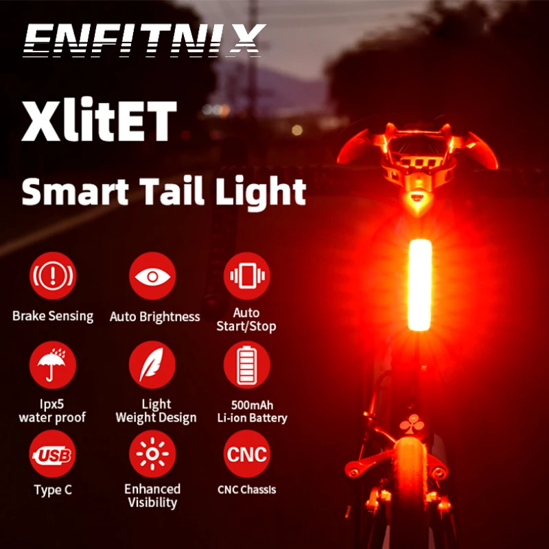 Enfitnix Xlitet Smart Bike Brake Sensing Fanale Posteriore Mountain Road Bicycle Night Riding Light Led Rear Alert Long Strip Light Usb