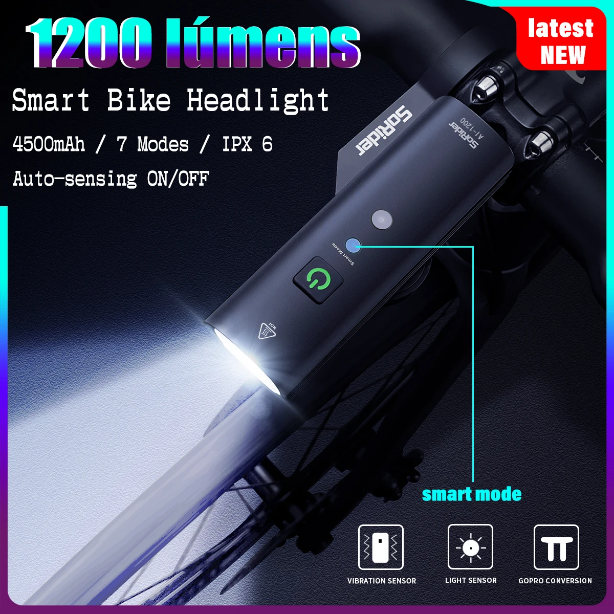 Sorider Mtb Road Bike Bike Front Lamp 1200 Lumen 4500Mah Smart Light Sense Avviso Impermeabile Faro Grandangolare