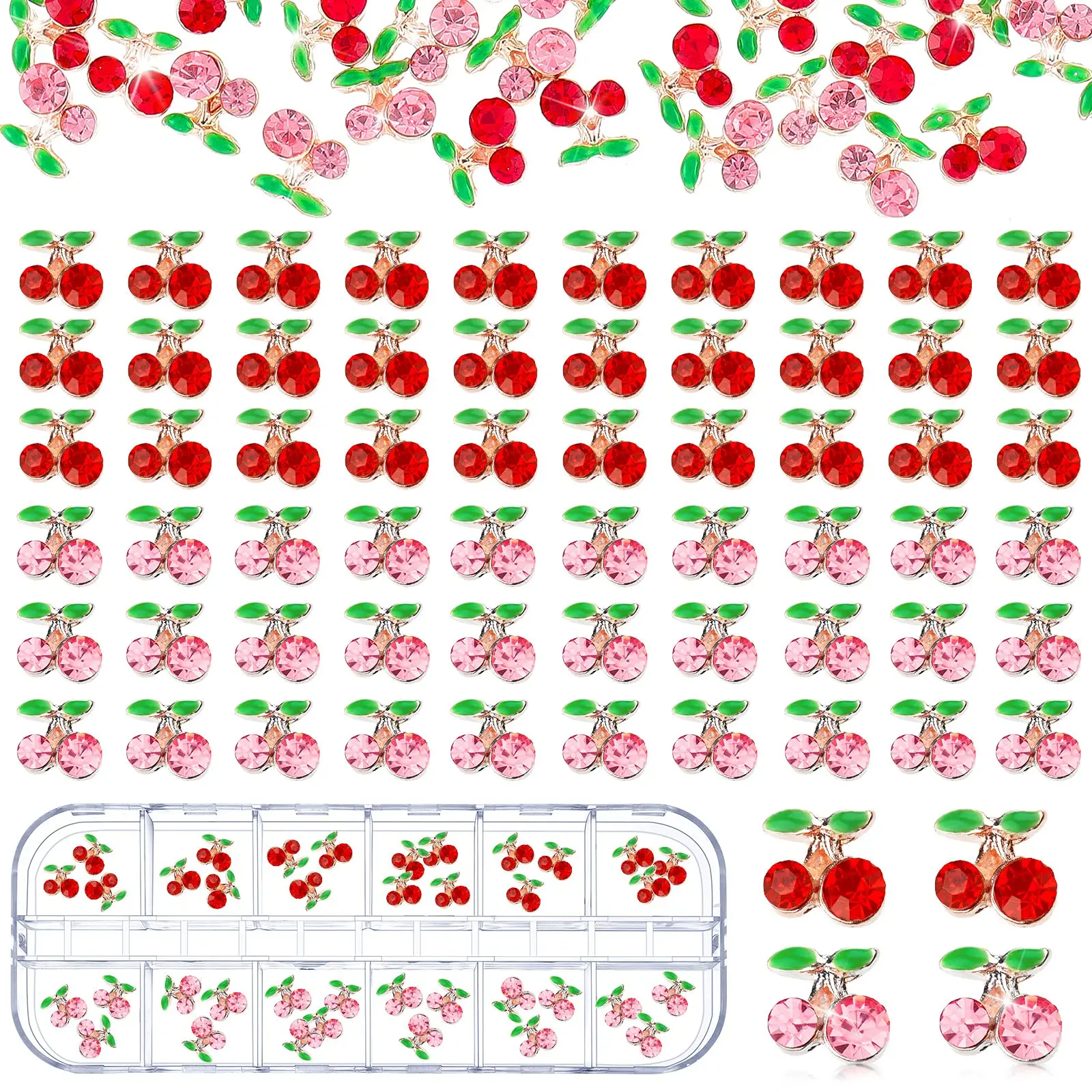 36Pcs 3D Cherry Nail Charms Red & Pink Cherry Nail Strass Nail Gems Nail Glitter Studs Fruit Nail Fette Per Gioielli Per Unghie