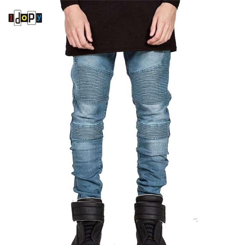 Idopy Pista Rider Skinny Slim Fit Moto Lavato Vintage Strappato Hip Hop Pantaloni Elastici Del Denim Jeans Biker Per Gli Uomini