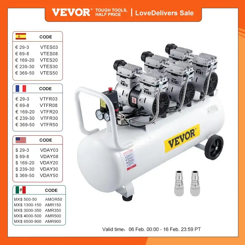 Compressore D'Aria Vevor 100L Con Doppio Manometro Elettrovalvola Sicura 3Hp Compressore D'Aria Silenzioso Ultra Silenzioso Da 22 Galloni Senza Olio