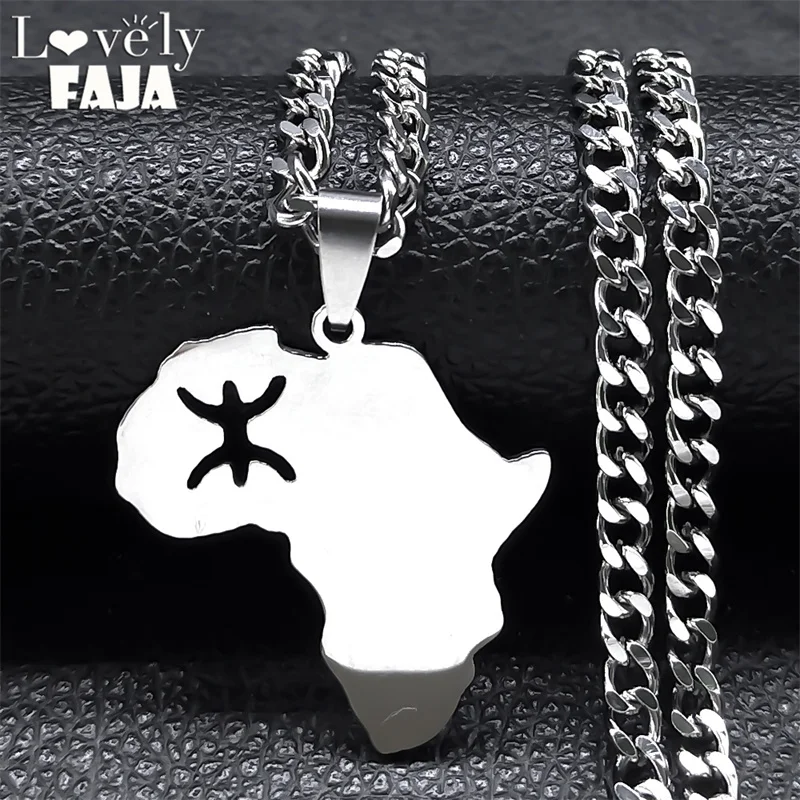 Berberi In Acciaio Inossidabile Africa Mappa Collana Donna Uomo Colore Argento Amazigh Muslimah Lettera Kabyle Berbere Collane Gioielli 8087