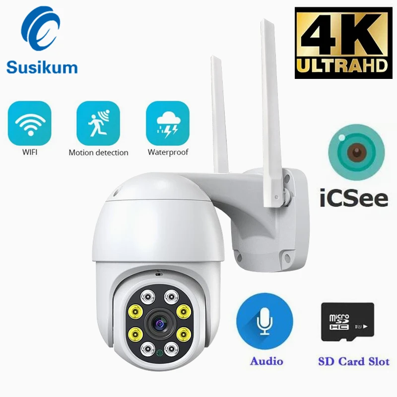 8Mp Icsee Camera Wifi Outdoor Smart Home Color Night Vision Wireless Speed Dome Telecamera Ip Impermeabile
