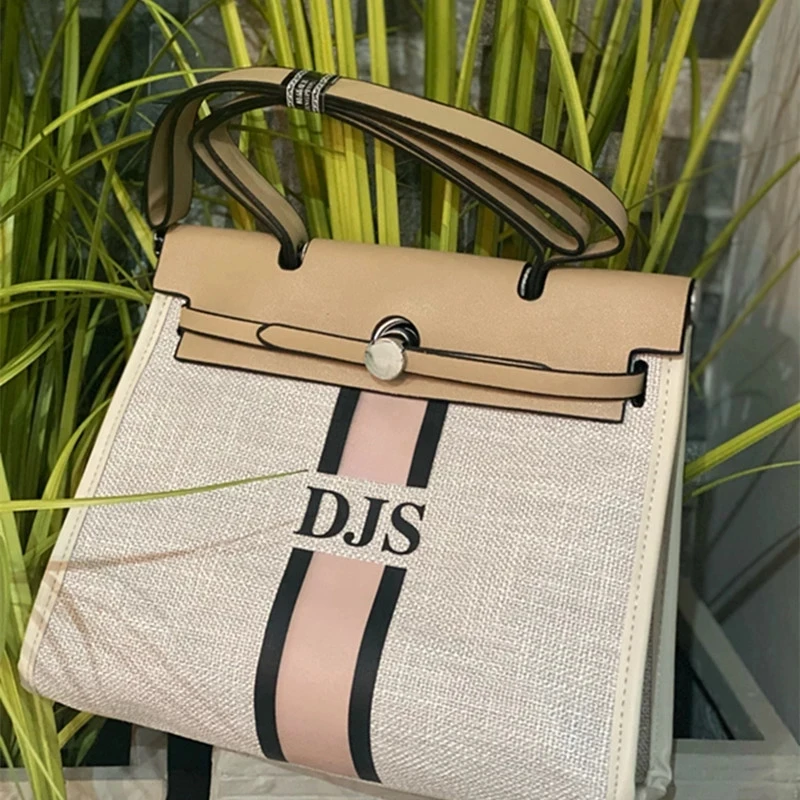 Borse Shopper In Juta Con Strisce Da Corsa Iniziali Personalizzate, Borse Per Luna Di Miele Da Viaggio Personalizzate Con Monogramma Di Moda