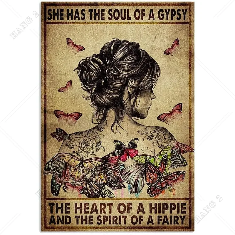 Metal Tin Signs Yoga Girl Soul Of Gypsy The Heart Of Hippie Butterfly Girl Vertical Poster Vintage Retro Art Picture Wall Decor